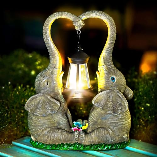 Vereemy Elephant Statue Garden Decor with LED Solar Lights-Set of 2 Good Luck Elephant Outdoor Statue Christmas Decorations for Yard Patio,Porch,Home -Mothers Day Gifts for Women, Mom, Grandma