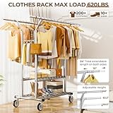 HYSEYY Heavy Duty Clothes Rack, Rolling Clothing Rack With Shelves Load 620 LBS, Double Rod Clothing Racks for Hanging Clothes, Portable& Adjustable Clothes Rack with Wheels Garment Rack