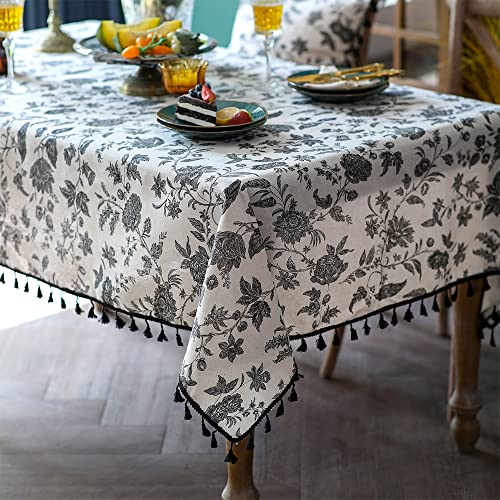 SUTAVIA Boho Cotton Linen Tablecloth Bohemian Beige Fabric Black Floral Embroidery Tassel Rectangle Dust-Proof for Home Decor Kitchen Holiday Party Dining Table(Black Flower, Rectangular 60"x84")