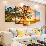 Golden Seascape Ocean Beach Wall Art Cozy Sea Artwork Modern Ocean Sunset Sea Beach Canvas Prints Pictures Paintings on Canvas Wall Art for Home Decor 5 Panels Gallery Wrapped Tropical Scenery Seascape Artwork (F-5pcs,80"W x 40"H)