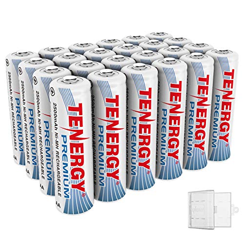 Tenergy 24 Pack Premium Rechargeable AA Batteries, 2500mAh Capacity Double A NiMH Battery, Includes 6 Battery Case Holders