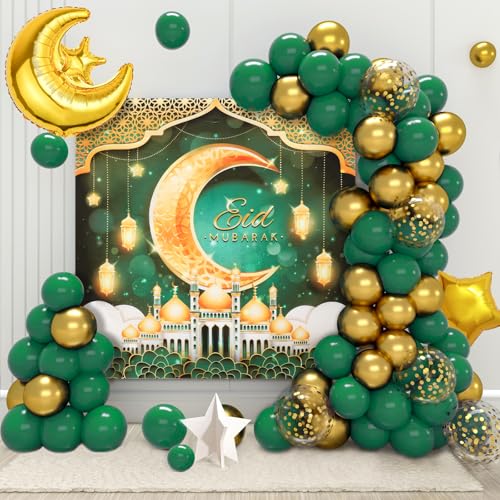 Ramadan Decorations for Home - 74pcs Eid Mubarak Decorations with Green Gold Star Moon Ramadan Balloons and Eid Mubarak Banner for Ramadan Decor