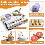 Wooden Food Set for Kids with Cookbook Magical Recipes, Wood Velcro Cutting Fruit and Vegetables Toy for Toddlers, Cooking Pretend Play, Kitchen Accessories, Early Education Toys