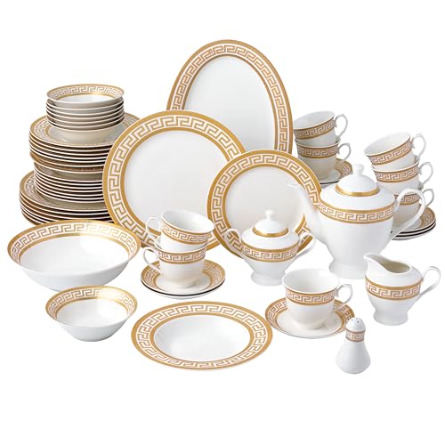 Joseph Sedgh Collection 57-Piece Bone China Dinnerware Set, Service for 8, White and Golden Greek Key