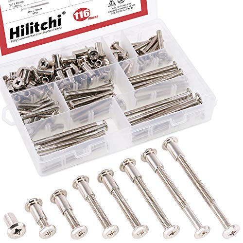 Hilitchi 116-Pcs M6 x 20/30 / 40/50 / 60/70 / 80mm Rivet Phillip Countersunk Head Screws Bolts Dowel Barrel Nuts Assortment Kit for Furniture Hardware Fitting