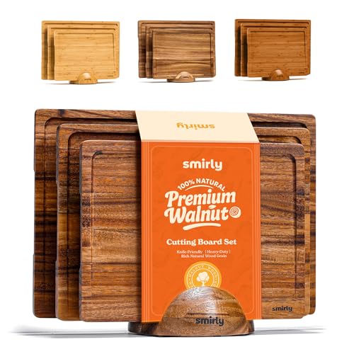 SMIRLY Walnut Wood Cutting Boards for Kitchen, Set of 3 with Holder Large - Small, Walnut Wooden Cutting Board Set with Deep Juice Grooves, Non Toxic Serving Tray, Perfect Mother's Day Gifts