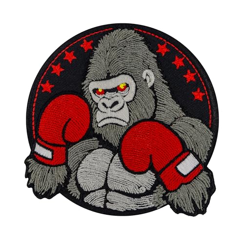 Boxing Gorilla Embroidered Patch Iron On – Fierce Gorilla with Red Boxing Gloves, 3.9 x 3.9 Inches, Iron on.