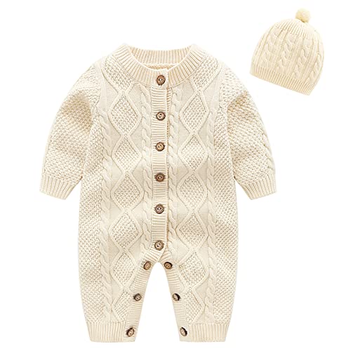 IADOER Baby Newborn Boy Knitted Sweater Romper Cotton Longsleeve Outfit with Kids Winter Warm Hats Set（Beige 3M