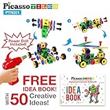 PicassoTiles STEM Learning Toys 201 Piece Building Block Kids Construction Engineering Kit Toy Blocks Children Early Education Playset w/Free IdeaBook, Power Drill, Clickable Ratchet, Age 3+ PTN201