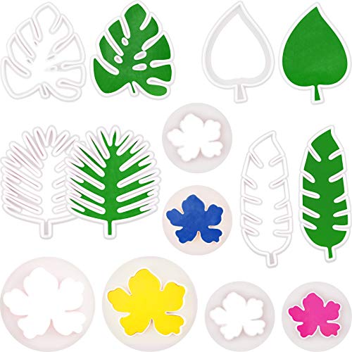 Patelai 14 Pcs Tropical Leaf Cookie Cutters Hawaiian Flower Cutters Plastic Palm Cookie Mold Flower Leaves Fondant Mold for Sugar Craft Biscuit Cake Decoration Summer Beach Party