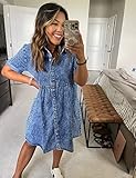 LookbookStore Women Denim Dress for Summer Babydoll Jean Dress Button Down Short Sleeve Denim Dress Tiered Flowy Dress Loose Jean Dress Reef Blue Denim Babydoll Dress Size S Size 4 6