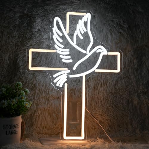 Cross Neon Sign Dimmable Led Easter Cross Neon Light For Wall Decoration White Dove of Peace Neon Light Signs USB Powered Light Up Sign For Festival Party Wedding Home Decor