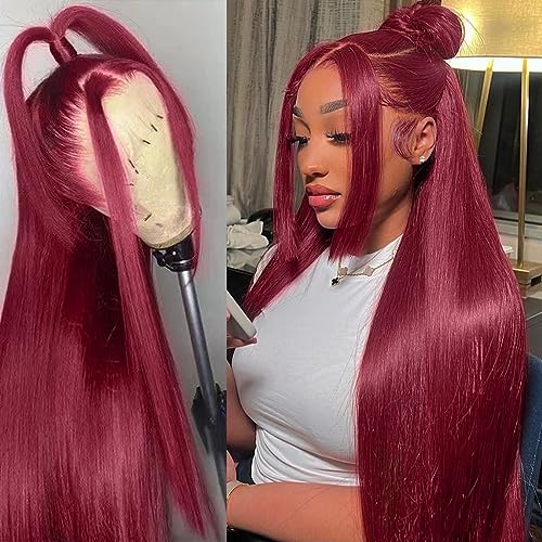ANDRIA Burgundy Straight Lace Front Wigs 13x6 Glueless Lace Wigs Synthetic Heat Resistant Fiber Hair Wig With Baby Hair Natural Hairline For Women Red Color Long Silk Straight Natural Wig