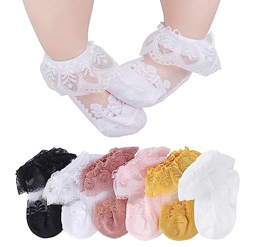 CHUNG Baby Toddler Girls Princess Cotton Frilly Socks Lace Ruffle Pack of 4/5/6 Thin Mesh Summer for Dress (3-12M, Crystal 6 pairs)