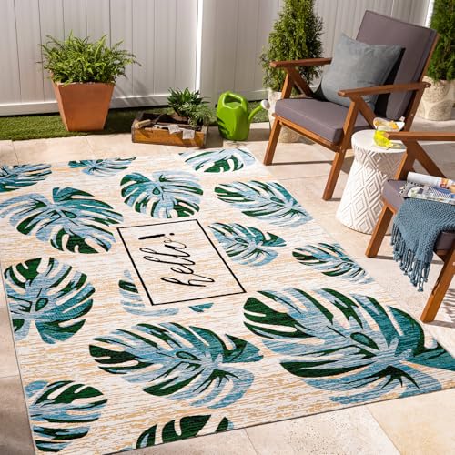 Outdoor Patio Rug 5x7 Porch Deck Rug Waterproof Floor Mat Non Fade Stain Proof Washable Outside Rug Carpet, Indoor Outdoor Area Rug for Living Room Bedroom Kitchen Home Office, Blue/Green
