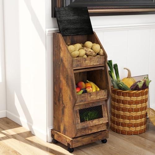 ARTETHTS Potato Storage Bin Movable Bread Box with Lid Rustic and Wheels Onion Organizer with Grocery Section Decorative Vegetable Organization Cabinet for Kitchen