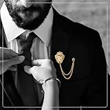 Knighthood Vintage Men Golden Crowned Lion King With Stone Hanging Chain Brooch Pins Lapel Pin, Suit Coat for Women Accessories