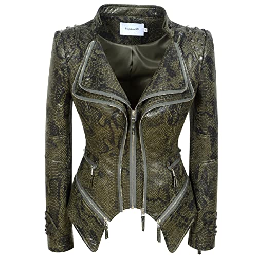 Fashion SX Womens Rivet Faux Leather Jacket Zipper Moto Biker Denim coat Motorcycle Outwear (2XL, Snake Green)