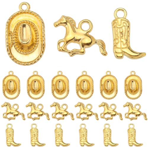 SUNNYCLUE 1 Box 90Pcs Western Cowboy Charms Tibetan Style 3D Miniature Cowboy Cowgirl Hat Charm Golden Horse Charm Double Sided Boot Shoe Charms for Jewelry Making Charms DIY Keychain Crafts Supplies