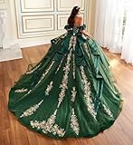 DXUOPL Elegant Off Shoulder Quinceañera Dress Ball Gowns Emerald Green Glitter Tulle Evening Gown Gold Appliques 16 Dresses Lace Flowers Quince Dresses Luxury Beaded XV Dresses Size 08