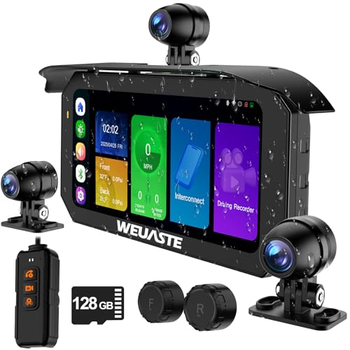 Weuaste MT92C 6.25" Motorcycle Carplay Screen, HD 1080P Dual Motorcycle Dash Cam + Third Person Perspective Camera, Moto TPMS, Wireless Car Play/Android Auto/HiCar, Motos Metal Anti-Theft Bracket
