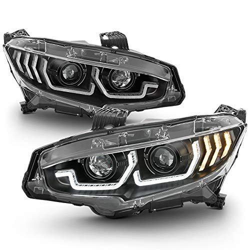 ACANII-2021 Honda Civic Halogen Black LED Tube Sequential Turn Signal Projector Headlights Headlamps Assembly