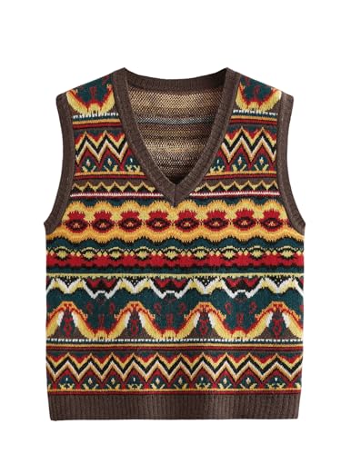 BEAUDRM Men's Tribal Print Sweater Vests V Neck Sleeveless Knitted Tank Tops Streetwear Brown Large