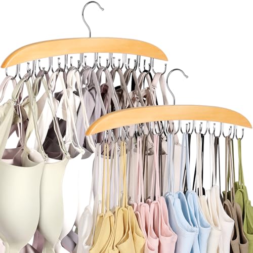 NANATI 2 Pack Bra Hangers for Closet Organizer, Bra Organizer with 40 Stainless Steel Hooks, Wooden Tank Top Hanger, Closet Organizers and Storage for Bras Camis Belts Ties, Natural