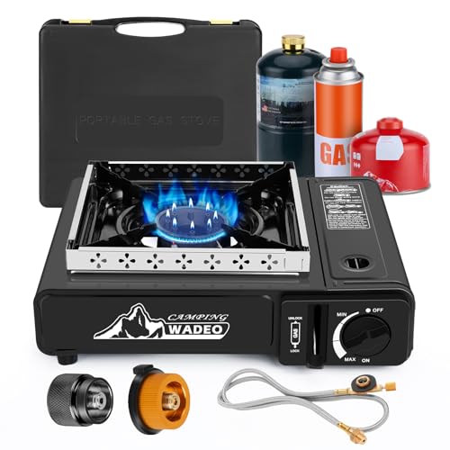 WADEO Three Fuel Portable Camping Stove with Windblocker, 3 in 1 Propane Butane Isobutane Stove with Carrying Case and Stainless Steel Hose Adapters, Gas Camp Stove for Cooking, BBQ, Travel RV, Hiking