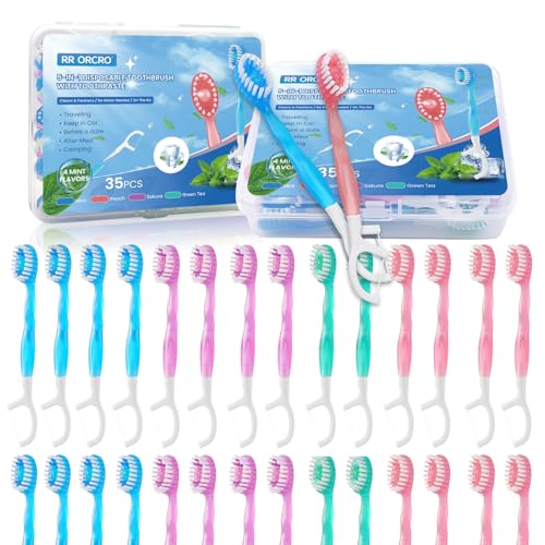 70Pack Mini Disposable Toothbrushes 5-in-1 Portable Pre-Pasted Travel Toothbrush with Toothpaste Tongue Scraper Floss Pick Individually Wrapped Box Small Prepasted Travel Toothbrush for Kids Adults