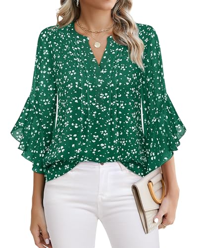 Timeson Casual Tops for Women: 3/4 Sleeve - Shirts for Women Trendy - Blouses for Women Dressy Casual Womens Fall Fashion 2024 Business Work Clothes Flowy Ladies Office Tops Loose Spotted Green XL