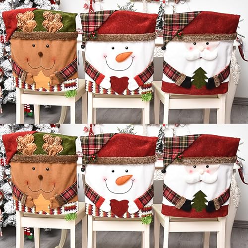 IUIBMI 6 PCS Christmas Chair Covers, Christmas Dinner Table Chair Slipcovers 3D Santa Claus & Snowman Christmas Chair Back Cover for Xmas Home Kitchen Holiday Festival Party Decor