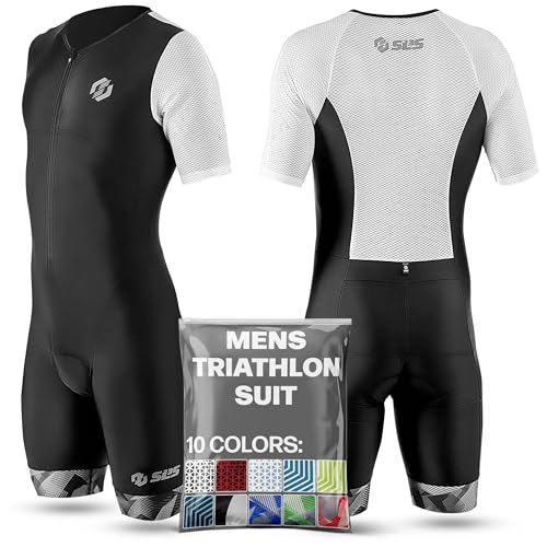 SLS3 Triathlon Suits Mens - Aerodynamic Sleeved Tri Suit Men – Lightweight Trisuit with Premium FX Fabrics - 2 Pockets (Black/White Geo, Large)