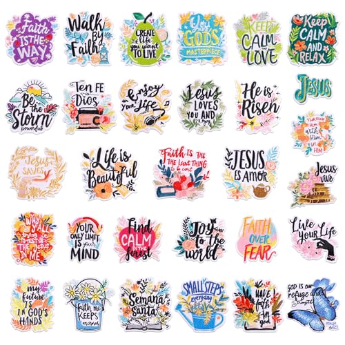 Christian Iron On Patches, Religious Theme Sayings Embroidered Patch for Clothes, 30 Pcs Sew on Faith Words Applique Heat Press for Hats/Backpacks/Hoodie DIY Decoration