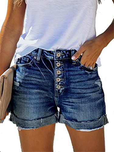 Angerella Women's Summer Ripped Denim Jean Shorts Mid Rise Stretchy Folded Hem Short Jeans,Drak Blue,M