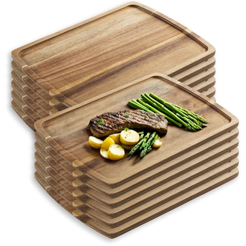 TableCraft 12183 Acacia Wood Plate Trays, Rectangular Serving Platters with Lip for Steak, Charcuterie, Appetizers, Entrees, 11" x 8" x 0.5", Natural Finish, Set of 12