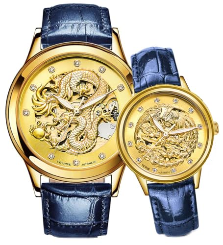 Carlien Special 3D Gold Dragon Phoenix Design Luxury Lover Couple Watches Luminous Automatic Watch for Her or His Set of 2 (Blue)