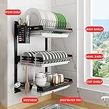 junyuan Hanging Dish Drying Rack Wall Mount,Dish Racks Drainer,3 Tier Kitchen Plate Organizer Storage Shelf with Drain Tray with 3 Hooks,Stainless Steel Black Large Ajustable Height