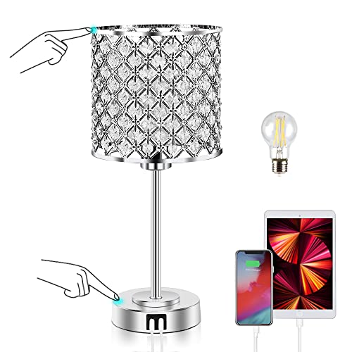 GyroVu Crystal Table Lamp, Touch Control Table Lamps with USB C+A Ports - 3 Way Dimmable Bedside Lamp with Bulbs, Crystal Nightstand Lamp Modern Light for Bedroom, Living Room, Bulb Included