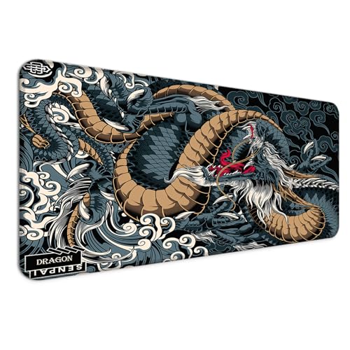 JIANG100 Dragon Mouse Pad, Gaming Office Home Mousepad, Computer Keyboard Laptop Desk Mat for Man, Large Extended Non-Slip Rubber Base, with Stitched Edges, 31.5x15.7x0.12 in, Dark Blue