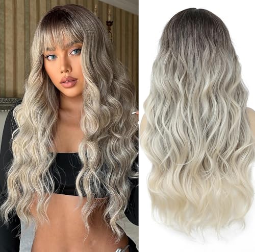 Lovenia Long Ash Gray Wig with Bangs 26" Silver Gray Wigs for Women Ombre Blonde Wig with Shadow Roots Synthetic Hair Easy Wave Low Maintenance Wigs