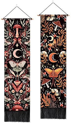 Pack of 2 Mushroom Wall Hanging Decor, Hippie Room Decor, Botanical Vertical wall Decor Moon Plant Tapestry Mystical Moth Tapestry Bohemian Tapestry Wall Hanging for Room(12.8 x 51.2 inches)