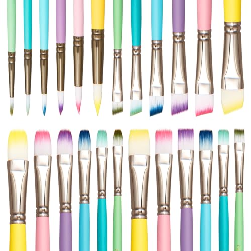 Zhanmai 24 Pcs Paint Brush Set Macaroon Color Paint Brushes Bulk 4 Type of Shapes in Different Sizes Paint Brushes for Acrylic Painting and Kids Nylon Hair Oil Watercolor Brushes for Drawing Supplies