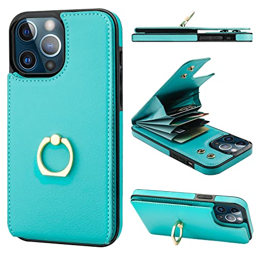 Folosu Compatible with iPhone 13 Pro Max Case Wallet with Card Holder, 360°Rotation Finger Ring Holder Kickstand Protective RFID Blocking PU Leather Double Buttons Flip Cover 6.7 Inch Green Mint