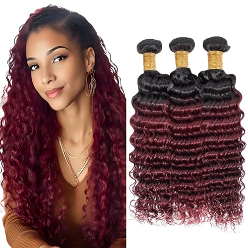 GLSMOSNW 1B/99j Deep Wave Human Hair Bundles 22 24 26 Inch Ombre Burgundy Bundles Loose Deep Wave Two Tone Black To Wine Red Hair Extensions For Women
