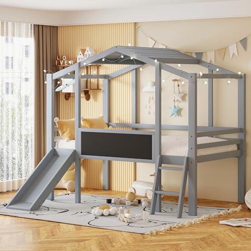 VeroFree Twin Size Loft Bed with Ladder & Slide, Kids House Bed with Blackboard & Led Light Strip, Gray-Fun & Functional Space-Saving Bed for Boys & Girls
