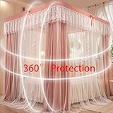 SCMTYWCQ 4 Corners Post Solid Color Bed Canopy Curtain Double Layer-Curtain & Ruffle Princess Mosquito Net 4 Opening Netting for Girls Teens Or Adults Bedroom Decoration (Pink-Jade, Queen)