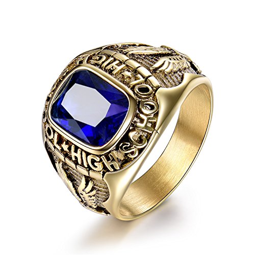 MASOP Stainless Steel High School Gold Color Rings for Men Sappire Color Blue Stone Eagle Jewelry Size 8