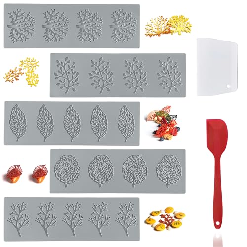 7Pcs Leaf Silicone Fondant Molds with Dough Scraper Silicone Spatula, 3D Coral Branch Leaf Chocolate Molds, DIY Baking, Sugar Craft, Wax, Gum Paste, Cupcakes, Clay