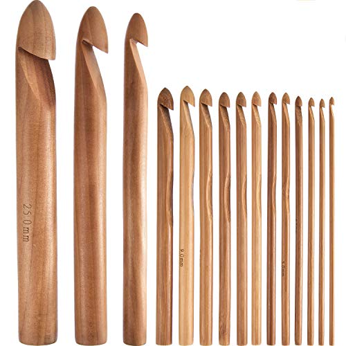 Hestya 15 Pieces Wooden Bamboo Crochet Hooks Set 3 to 25 mm in Diameters Handcrafted Knitting Needles Weave Yarn Craft